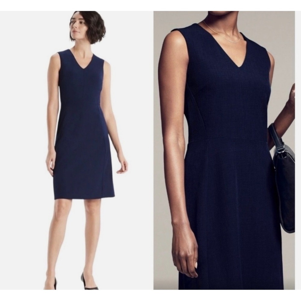 H4 MM.LAFLEUR Etsuko Dress‎ Navy Blue V-Neck Sleeveless Sheath Career Sz 4
